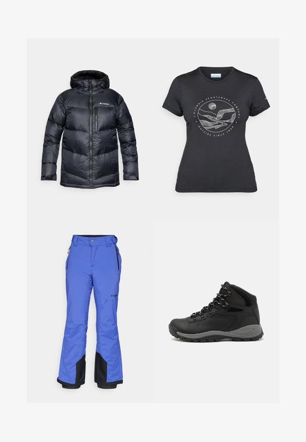 Svart isolert pufferjakke med hette, med glidelås foran, lett materiale og kviltet design med horisontale seksjoner.; Svart Columbia t-skjorte med hvit sirkulær fjell- og elvlinjekunst og tekst "Columbia Sportswear Company Outside Since 1938."; Blå snøbukser laget av vanntett materiale, med en glidelåslomme, sorte detaljer ved mansjettene, og en tett elastisk midje.; Sorte turstøvler med mid-topp design, som har en teksturert overdel, grå detaljer og slitesterk gummisåle med godt grep.