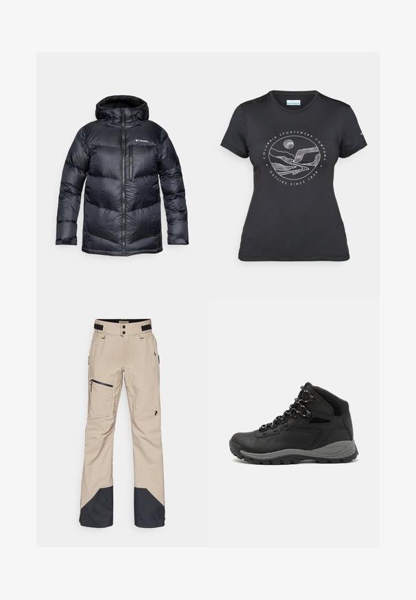 Casaco puffer isolado preto com capuz, apresentando um fecho de correr na frente, material leve e design acolchoado com secções horizontais.; T-shirt preto da Columbia com arte em linha branca circular representando montanhas e rios, e o texto "Columbia Sportswear Company Outside Since 1938."; Peak Performance ALPINE GORE-TEX PANTS - Calças de snowboard - avid beige; Bota de caminhada preta com design de cano médio, apresentando um upper texturizado, detalhes cinzentos e sola de borracha durável com cravos de tração.