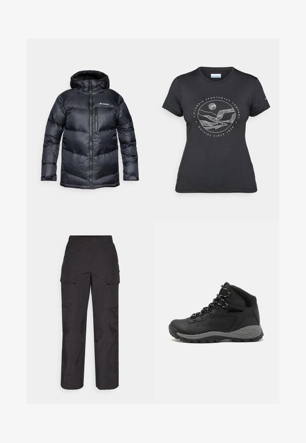 Fekete, kapucnis, szigetelt puffermellény, elülső cipzárral, könnyű anyagból készült, steppelt dizájnnal, vízszintes szakaszokkal.; Fekete Columbia póló fehér, kör alakú hegy és folyó vonalrajzzal, valamint a "Columbia Sportswear Company Outside Since 1938" felirattal.; Fekete munkásnadrág tartós anyagból, számos oldalsó zsebbel, gombos záródással és laza, egyenes szárú kialakítással.; Fekete túracipő közepes magasságú kialakítással, texturált felsőrésszel, szürke részletekkel és strapabíró gumitalppal, amelynek tapadós kiemelkedései vannak.