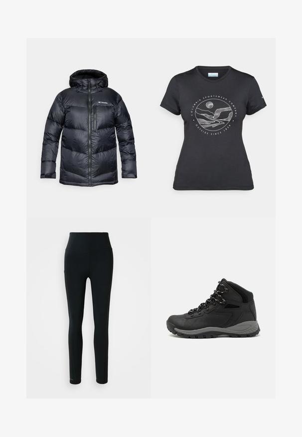 Juodas izoliuotas pūkinis džemperis su kapišonu, su užtrauktuku priekyje, lengvos medžiagos, siuvinėtas dizainas su horizontaliais skyrių.; Juodas "Columbia" marškinėliai su balta apskrita kalnų ir upės linijų grafika bei tekstu "Columbia Sportswear Company Lauke nuo 1938 metų."; Juodos sportinės legging'os su aukšta talija, šoniniu kišeniu ir pilno ilgio kojomis ant balto fono.; Juodas žygio botas su vidutinio aukščio dizainu, pasižymintis tekstūruota viršutine dalimi, pilkų akcentų ir patvaria guma padanga su sukibimo gumbais.