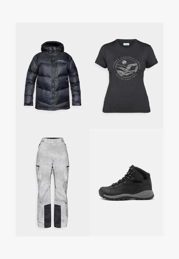Veste matelassée noire isolante avec capuche, dotée d'une fermeture éclair à l'avant, d'un matériau léger et d'un design matelassé avec des sections horizontales.; T-shirt noir Columbia avec un dessin linéaire blanc de montagne et de rivière en cercle et le texte "Columbia Sportswear Company À l'extérieur depuis 1938."; Pantalon de neige gris avec un motif à carreaux, présentant des accents noirs, une taille ajustable, des poches zippées et des poignets noirs renforcés.; Botte de randonnée noire au design mi-haut, avec un dessus texturé, des accents gris et une semelle en caoutchouc durable avec des crampons de traction.