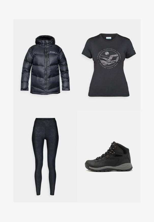 Veste matelassée noire isolante avec capuche, dotée d'une fermeture éclair à l'avant, d'un matériau léger et d'un design matelassé avec des sections horizontales.; T-shirt noir Columbia avec un dessin linéaire blanc de montagne et de rivière en cercle et le texte "Columbia Sportswear Company À l'extérieur depuis 1938."; Leggings noirs avec un motif texturé en cuir de serpent, taille haute et tissu lisse. Comprend une poche sur le côté pour les petits objets.; Botte de randonnée noire au design mi-haut, avec un dessus texturé, des accents gris et une semelle en caoutchouc durable avec des crampons de traction.