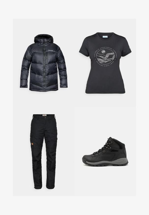 Fekete, kapucnis, szigetelt puffermellény, elülső cipzárral, könnyű anyagból készült, steppelt dizájnnal, vízszintes szakaszokkal.; Fekete Columbia póló fehér, kör alakú hegy és folyó vonalrajzzal, valamint a "Columbia Sportswear Company Outside Since 1938" felirattal.; Fekete cargo nadrág, amely több zsebbel, gombos záródással és enyhén szűkített lábformával rendelkezik. Tartós anyagból készült, texturált felülettel.; Fekete túracipő közepes magasságú kialakítással, texturált felsőrésszel, szürke részletekkel és strapabíró gumitalppal, amelynek tapadós kiemelkedései vannak.