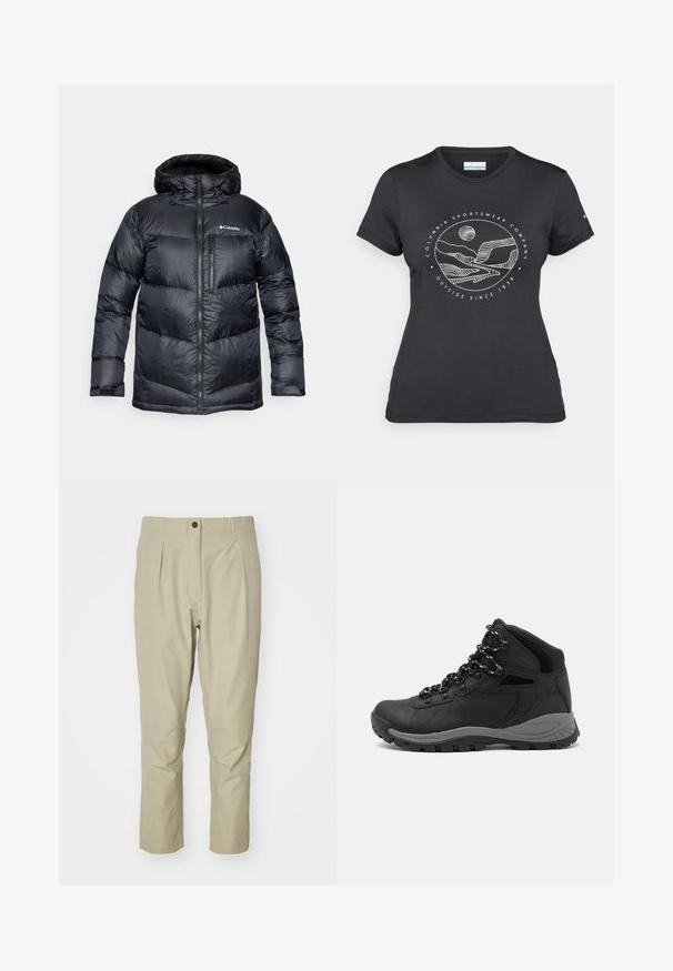 Melnā izolētā pūkaina jaka ar kapuci, ar rāvējslēdzēju priekšā, viegla materiāla, ar kviltētā dizaina horizontālām sekcijām.; Melnā Columbia T-kreklā ar baltu apļa kalnu un upes kontūru mākslu, kā arī tekstu "Columbia Sportswear Company Outside Since 1938."; Beigās bikses ar taisnu griezumu, ar krokām, priekšējo kabatu un melnu pogu. Izgatavotas no gludas auduma ar mīkstu tekstūru.; Melni pārgājienu zābaki ar vidēju augstumu, ar teksturētu augšdaļu, pelēkiem akcentiem un izturīgu gumijas zoli ar saķeres izvirzījumiem.