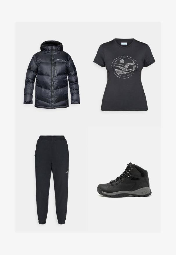 Sort isoleret pufferjakke med hætte, med lynlås foran, letvægtsmateriale og quiltet design med horisontale sektioner.; Sort Columbia t-shirt med hvid cirkulær bjerg- og flodlinjekunst samt teksten "Columbia Sportswear Company Udenfor Siden 1938."; Sorte fleece joggers med elastisk talje, tapered ben, sidelommer og et lille hvidt logo på venstre ben.; Sort vandrestøvle med en mellem-højde design, der har en tekstureret overdel, grå detaljer og en holdbar gummisål med skridsikre klodser.