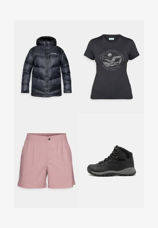 Svart isolert pufferjakke med hette, med glidelås foran, lett materiale og kviltet design med horisontale seksjoner.; Svart Columbia t-skjorte med hvit sirkulær fjell- og elvlinjekunst og tekst "Columbia Sportswear Company Outside Since 1938."; Lys rosa shorts med elastisk midjebånd og en enkelt knapp foran. Har sidelommer og en glatt tekstur. Rett snitt i bunnen.; Sorte turstøvler med mid-topp design, som har en teksturert overdel, grå detaljer og slitesterk gummisåle med godt grep.