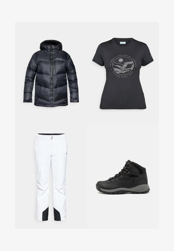 Casaco puffer isolado preto com capuz, apresentando um fecho de correr na frente, material leve e design acolchoado com secções horizontais.; T-shirt preto da Columbia com arte em linha branca circular representando montanhas e rios, e o texto "Columbia Sportswear Company Outside Since 1938."; Calças de neve brancas com um design elegante, apresentando dois bolsos frontais, painéis inferiores pretos reforçados e um fecho de botão na cintura.; Bota de caminhada preta com design de cano médio, apresentando um upper texturizado, detalhes cinzentos e sola de borracha durável com cravos de tração.
