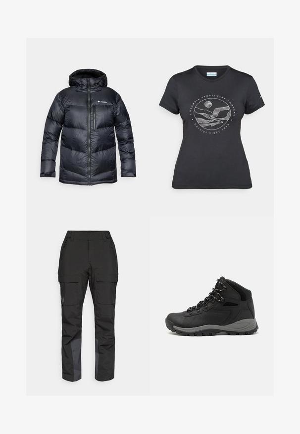 Jachetă puffer izolată de culoare neagră, cu glugă, având un sistem de închidere cu fermoar, material ușor și un design matlasat cu secțiuni orizontale.; Tricou negru Columbia cu artă liniară albă circulară reprezentând munți și un râu, împreună cu textul "Columbia Sportswear Company Afară din 1938."; Pantaloni cargo multifunctionali negri, cu buzunare laterale și panouri inferioare întărite într-o nuanță mai închisă, având o textură netedă și un material durabil.; Botă de drumeție neagră cu un design mediu, având un material texturat, accente gri și o talpă din cauciuc durabilă cu crampoane pentru aderență.