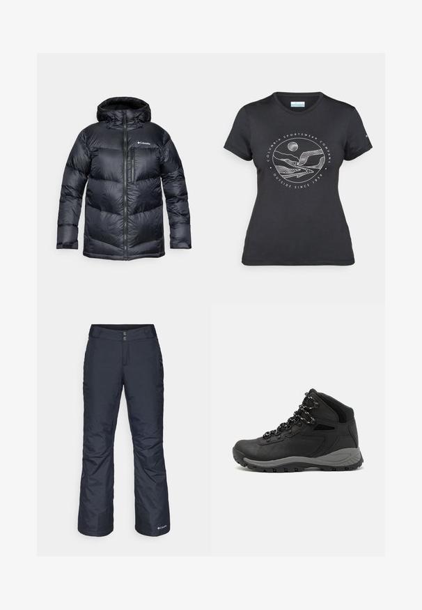 Črna izolirana puf jakna s kapuco, z zadrgo spredaj, lahkim materialom in prešito zasnovo s horizontalnimi odseki.; Črna majica Columbia z belim krožnim risanjem gora in reke ter napisom "Columbia Sportswear Company Outside Since 1938."; Mornarško modri termo ski hlače s ravnim krojem. Imajo zadrgo in pritisne gumb, žepke in ojačane manšete.; Črne pohodniške čevlje z srednje visokim dizajnom, ki imajo teksturirano zgornji del, sivi dodatki in vzdržljiv gumen podplat s protizdrsnimi izboklinami.