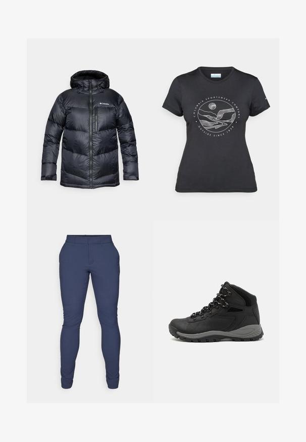 Schwarz isolierte Steppjacke mit Kapuze, verfügt über einen Reißverschluss vorne, leichtes Material und ein gestepptes Design mit horizontalen Abschnitten.; Schwarzes Columbia-T-Shirt mit weißer kreisförmiger Berg- und Fluss-Linienkunst und dem Text "Columbia Sportswear Company - Draußen seit 1938."; Navyfarbene Hosen aus einem glatten, dehnbaren Stoff. Mit schmaler Passform, flachem Frontdesign und schmal zulaufenden Beinen. Keine sichtbaren Verzierungen.; Schwarzer Wanderstiefel mit einem mittelhohen Design, ausgestattet mit einer strukturierten Oberfläche, grauen Akzenten und einer robusten Gummisohle mit Profilstollen.