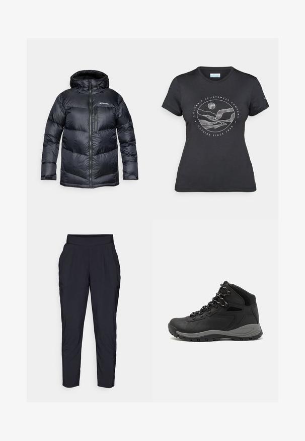 Černá zateplená bunda s kapucí, s předním zipem, vyrobená z lehkého materiálu a s prošívaným designem s horizontálními sekcemi.; Černé tričko Columbia s bílým kruhovým uměleckým ztvárněním hor a řeky a textem "Columbia Sportswear Company Outside Since 1938."; Černé úzké kalhoty s širokým elastickým pasem, předními sklady a bočními kapsami. Vyrobeny z hladké, lehké látky.; Černé turistické boty s mírně vyšším střihem, které mají texturovaný svršek, šedé detaily a odolnou gumovou podrážku s trakčními výstupky.