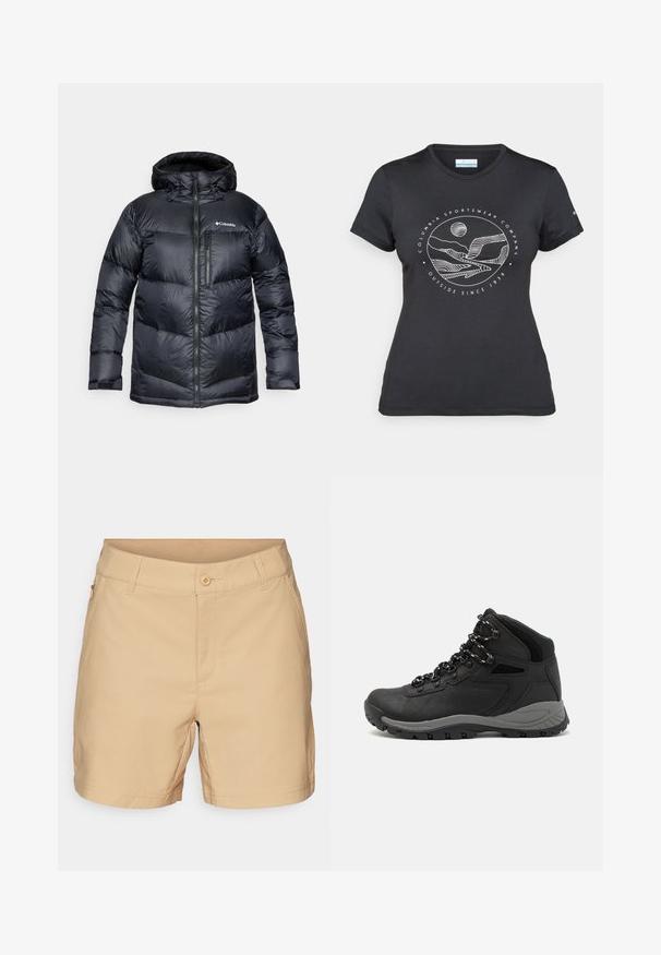 Fekete, kapucnis, szigetelt puffermellény, elülső cipzárral, könnyű anyagból készült, steppelt dizájnnal, vízszintes szakaszokkal.; Fekete Columbia póló fehér, kör alakú hegy és folyó vonalrajzzal, valamint a "Columbia Sportswear Company Outside Since 1938" felirattal.; Beige rövidnadrág puha anyagból, lapos elülső résszel, gombos záródással és oldalzsebbel. Gondosan varrt részletek és klasszikus szabás jellemzi.; Fekete túracipő közepes magasságú kialakítással, texturált felsőrésszel, szürke részletekkel és strapabíró gumitalppal, amelynek tapadós kiemelkedései vannak.