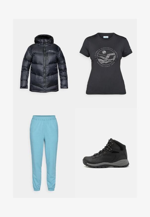 Svart isolert pufferjakke med hette, med glidelås foran, lett materiale og kviltet design med horisontale seksjoner.; Svart Columbia t-skjorte med hvit sirkulær fjell- og elvlinjekunst og tekst "Columbia Sportswear Company Outside Since 1938."; Lyseblå joggebukser laget av mykt, teksturert stoff, med elastisk linning og mansjetter, med en avslappet passform og smalere ben.; Sorte turstøvler med mid-topp design, som har en teksturert overdel, grå detaljer og slitesterk gummisåle med godt grep.