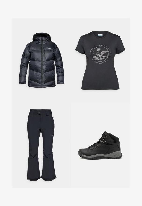 Mustad musta isoleeritud puffjakki kapuutsiga, millel on ees lukuga kinnitamine, kerge materjal ja tikitud disain horisontaalsete sektsioonidega.; Musternine Columbia T-särk mustas värvuses, millel on valge ümmargune mägi ja jõe joonistus ning tekst "Columbia Sportswear Company Outside Since 1938."; Mustad veekindlad suusapüksid, millel on lukuga tasku, laiad sääred ja logo reiel. Omavad vastupidavat materjali ja tugevdatud sääreotsi.; Mustarjaline matkasaabas, millel on keskmine disain, tekstuuriga ülemine osa, hallid aktsendid ja vastupidav kummist põhi, millel on haardelugesid.