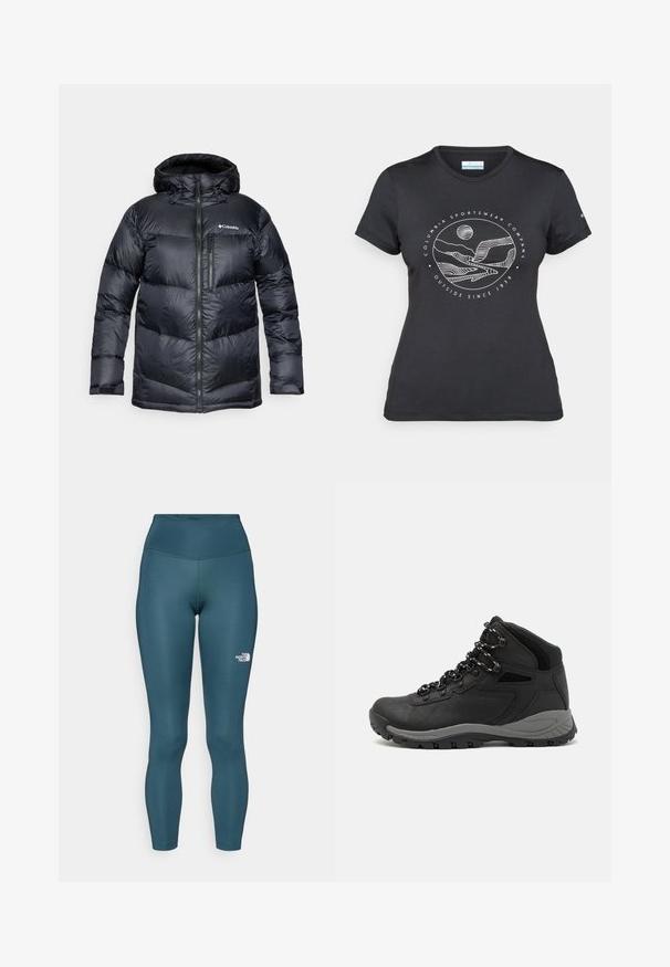 Melnā izolētā pūkaina jaka ar kapuci, ar rāvējslēdzēju priekšā, viegla materiāla, ar kviltētā dizaina horizontālām sekcijām.; Melnā Columbia T-kreklā ar baltu apļa kalnu un upes kontūru mākslu, kā arī tekstu "Columbia Sportswear Company Outside Since 1938."; Tirkīzzilas augsta jostasvieta legingi, kas izgatavoti no stiepjama auduma. Iezīmēti ar mazu baltu logotipu kreisajā pusē un šuvju apdari gar šuvēm.; Melni pārgājienu zābaki ar vidēju augstumu, ar teksturētu augšdaļu, pelēkiem akcentiem un izturīgu gumijas zoli ar saķeres izvirzījumiem.