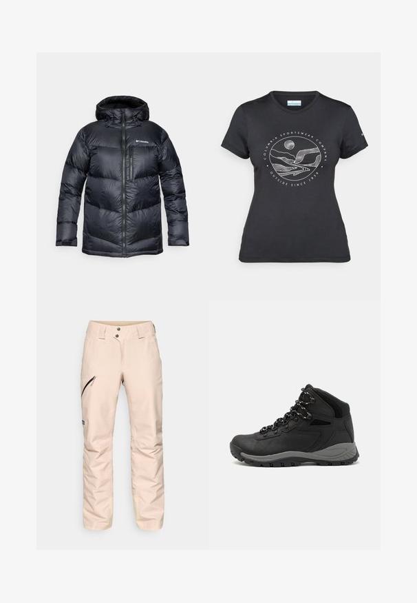 Czarna, ocieplana kurtka puchowa z kapturem, posiadająca zamek z przodu, lekkie materiały oraz pikowany wzór z poziomymi sekcjami.; Czarny t-shirt Columbia z białą okrągłą grafiką gór i rzeki oraz napisem "Columbia Sportswear Company Outside Since 1938."; Beżowe spodnie śniegowe o gładkiej teksturze, z suwakiem bocznym i wzmocnionymi mankietami. Posiadają dwa zapięcia na guziki i wyprofilowane kolana.; Czarne buty trekkingowe z średnim cholewem, z teksturowaną cholewą, szarymi akcentami oraz trwałą gumową podeszwą z wypustkami zapewniającymi przyczepność.
