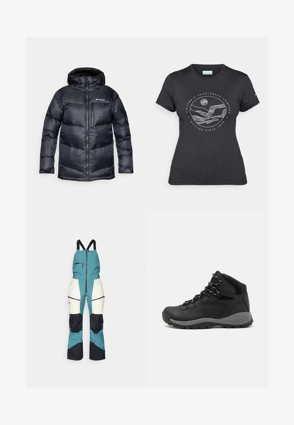 Fekete, kapucnis, szigetelt puffermellény, elülső cipzárral, könnyű anyagból készült, steppelt dizájnnal, vízszintes szakaszokkal.; Fekete Columbia póló fehér, kör alakú hegy és folyó vonalrajzzal, valamint a "Columbia Sportswear Company Outside Since 1938" felirattal.; Peak Performance VERTICAL GORE-TEX PRO BIB - Sínadrág - hydro fresh/sand fog; Fekete túracipő közepes magasságú kialakítással, texturált felsőrésszel, szürke részletekkel és strapabíró gumitalppal, amelynek tapadós kiemelkedései vannak.