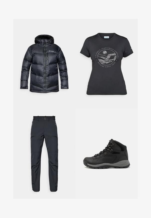 Jachetă puffer izolată de culoare neagră, cu glugă, având un sistem de închidere cu fermoar, material ușor și un design matlasat cu secțiuni orizontale.; Tricou negru Columbia cu artă liniară albă circulară reprezentând munți și un râu, împreună cu textul "Columbia Sportswear Company Afară din 1938."; Pantaloni gri închis confecționați dintr-un material ușor, neted. Caracteristicile includ buzunare cu fermoar și un design plat în față cu bucle pentru curea.; Botă de drumeție neagră cu un design mediu, având un material texturat, accente gri și o talpă din cauciuc durabilă cu crampoane pentru aderență.