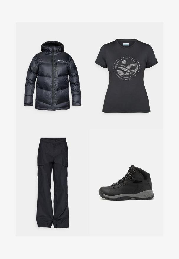 Melnā izolētā pūkaina jaka ar kapuci, ar rāvējslēdzēju priekšā, viegla materiāla, ar kviltētā dizaina horizontālām sekcijām.; Melnā Columbia T-kreklā ar baltu apļa kalnu un upes kontūru mākslu, kā arī tekstu "Columbia Sportswear Company Outside Since 1938."; Columbia BREA FALLS™ COTTON RIPSTOP PANT - Āra bikses - black; Melni pārgājienu zābaki ar vidēju augstumu, ar teksturētu augšdaļu, pelēkiem akcentiem un izturīgu gumijas zoli ar saķeres izvirzījumiem.