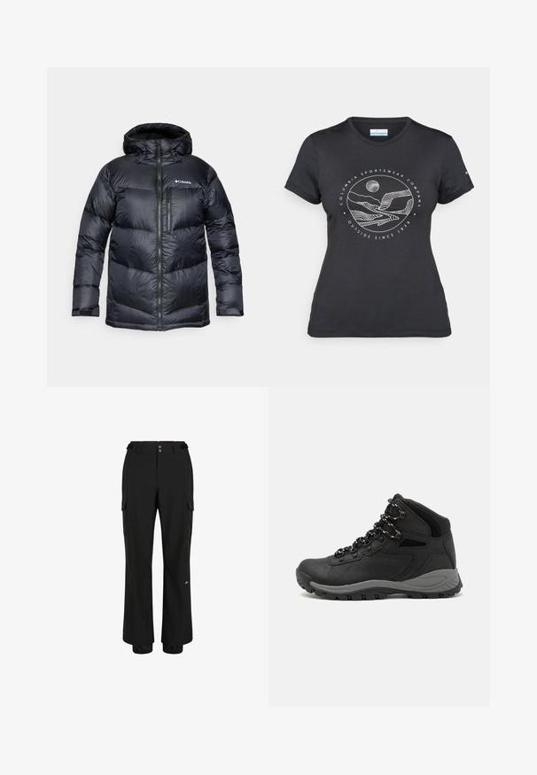 Zwarte geïsoleerde donsjas met capuchon, met een ritssluiting aan de voorkant, van lichtgewicht materiaal en een gestikt ontwerp met horizontale secties.; Zwarte Columbia t-shirt met witte cirkelvormige lijntekening van bergen en een rivier en de tekst "Columbia Sportswear Company Outside Since 1938."; Zwarte cargobroek van lichtgewicht stof; beschikt over twee zijzakken, twee cargozakken aan de zijkanten en elastische boorden bij de enkels.; Zwarte wandelschoen met een mid-top ontwerp, voorzien van een gestructureerde bovenkant, grijze accenten en een duurzame rubberen zool met gripnoppen.