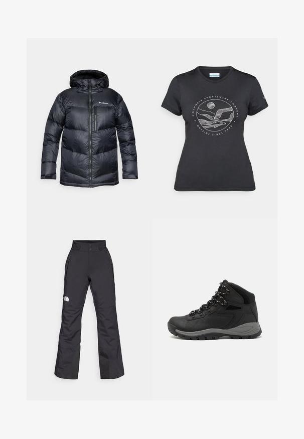 Fekete, kapucnis, szigetelt puffermellény, elülső cipzárral, könnyű anyagból készült, steppelt dizájnnal, vízszintes szakaszokkal.; Fekete Columbia póló fehér, kör alakú hegy és folyó vonalrajzzal, valamint a "Columbia Sportswear Company Outside Since 1938" felirattal.; Fekete hó/nadrág, struktúrált fitettel, két cipzáras oldalsó zsebbel, gombos záródással és megerősített alsó résszel. Logó a combon.; Fekete túracipő közepes magasságú kialakítással, texturált felsőrésszel, szürke részletekkel és strapabíró gumitalppal, amelynek tapadós kiemelkedései vannak.