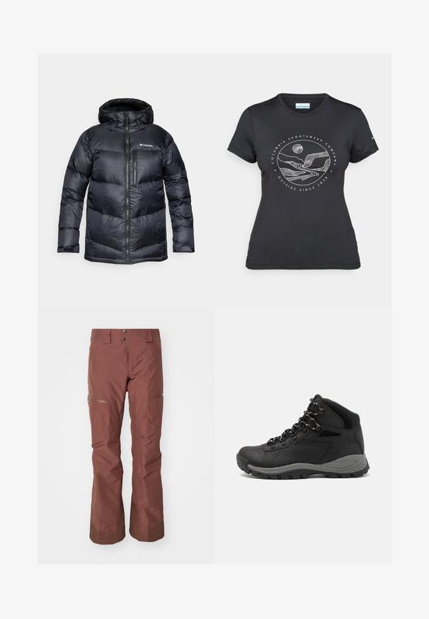 Melnā izolētā pūkaina jaka ar kapuci, ar rāvējslēdzēju priekšā, viegla materiāla, ar kviltētā dizaina horizontālām sekcijām.; Melnā Columbia T-kreklā ar baltu apļa kalnu un upes kontūru mākslu, kā arī tekstu "Columbia Sportswear Company Outside Since 1938."; Brūni ūdensnecaurlaidīgi slēpošanas bikses ar brīvu piegriezumu, ar rāvējslēdzēja kabatām un strukturētām aprocēm. Piedāvā gludu ārējo virsmu un izturīgu materiālu.; Melni pārgājienu zābaki ar vidēju augstumu, ar teksturētu augšdaļu, pelēkiem akcentiem un izturīgu gumijas zoli ar saķeres izvirzījumiem.