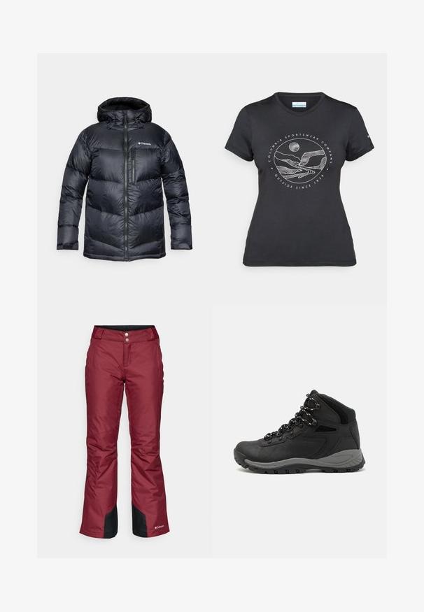 Zwarte geïsoleerde donsjas met capuchon, met een ritssluiting aan de voorkant, van lichtgewicht materiaal en een gestikt ontwerp met horizontale secties.; Zwarte Columbia t-shirt met witte cirkelvormige lijntekening van bergen en een rivier en de tekst "Columbia Sportswear Company Outside Since 1938."; Rode waterdichte skibroek met een rechte pasvorm, twee voorzakken, ritsventilatie aan de zijkanten en zwarte accenten aan de uiteinden. Verstelbare tailleband.; Zwarte wandelschoen met een mid-top ontwerp, voorzien van een gestructureerde bovenkant, grijze accenten en een duurzame rubberen zool met gripnoppen.