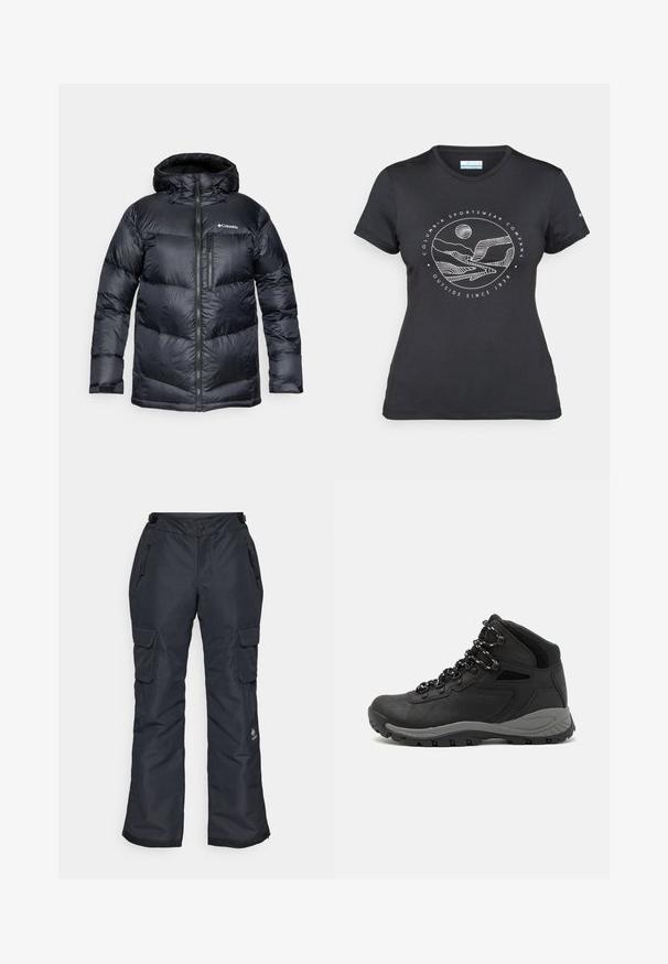 Melnā izolētā pūkaina jaka ar kapuci, ar rāvējslēdzēju priekšā, viegla materiāla, ar kviltētā dizaina horizontālām sekcijām.; Melnā Columbia T-kreklā ar baltu apļa kalnu un upes kontūru mākslu, kā arī tekstu "Columbia Sportswear Company Outside Since 1938."; Melni sniega bikses ar brīvu piegriezumu, ar apģērbu ar rāvējslēdzēju kabatām, augšstilbu kravas kabatām un teksturētu virsmas apdari izturībai.; Melni pārgājienu zābaki ar vidēju augstumu, ar teksturētu augšdaļu, pelēkiem akcentiem un izturīgu gumijas zoli ar saķeres izvirzījumiem.