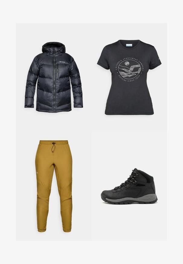 Svart isolerad puffjacka med huva, som har dragkedja fram, lätt material och quiltad design med horisontella sektioner.; Svart Columbia-t-shirt med vit cirkulär linjekonst av berg och flod samt texten "Columbia Sportswear Company Outside Since 1938."; Lätta, senapsgula byxor i syntetiskt material, med resårmidja och dragsko samt avsmalnande ben med paneldetaljer.; Svart vandringskänga med mellanhög design, som har en texturerad överdel, grå accenter och en slitstark gummisula med greppklackar.