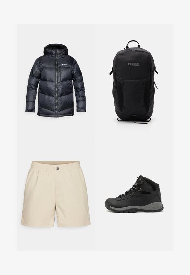 Giacca a vento nera isolata con cappuccio, dotata di zip frontale, materiale leggero e design trapuntato con sezioni orizzontali.; Maglietta nera Columbia con arte lineare bianca di una montagna circolare e un fiume, e il testo "Columbia Sportswear Company Outside Since 1938."; Pantaloni corti beige realizzati in un tessuto leggero, dotati di una vita elasticizzata, tasche frontali e una chiusura a pressione singola, con una texture liscia.; Stivale da trekking nero con design a metà altezza, dotato di una tomaia texturizzata, accenti grigi e suola in gomma resistente con tasselli per la trazione.; Zaino Columbia Titanium nero con una texture di tessuto liscia, tasche laterali, maniglia superiore e spallacci regolabili. Design minimalista con branding discreto.