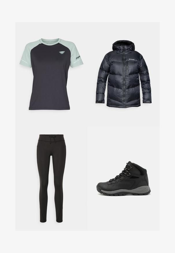 Svart isolert pufferjakke med hette, med glidelås foran, lett materiale og kviltet design med horisontale seksjoner.; Korte ermers idretts t-skjorte med mørk marineblå kropp, lysegrønne raglan-ermer og logo på brystet. Glatt tekstur, fukttransporterende stoff.; Svarte leggings med høy midje, snøring, glatt tekstur og tettsittende design. Har søm detaljer langs sidene.; Sorte turstøvler med mid-topp design, som har en teksturert overdel, grå detaljer og slitesterk gummisåle med godt grep.