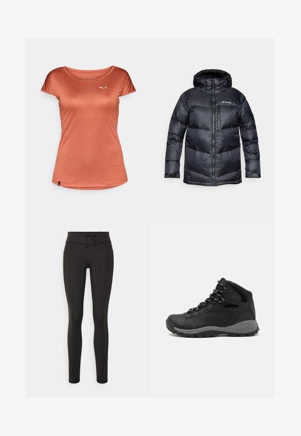 Mustad musta isoleeritud puffjakki kapuutsiga, millel on ees lukuga kinnitamine, kerge materjal ja tikitud disain horisontaalsete sektsioonidega.; Roostepruun t-särk, lühikesed varrukad, ümar kaelus, kerge kude, vasakul rinnal väike valge logo, sile tekstuur.; Mustad kõrge vöökohtadega mustad retuusid, paelaga, sileda tekstuuri ja sobiva disainiga. Külgedel on õmblusdetailid.; Mustarjaline matkasaabas, millel on keskmine disain, tekstuuriga ülemine osa, hallid aktsendid ja vastupidav kummist põhi, millel on haardelugesid.