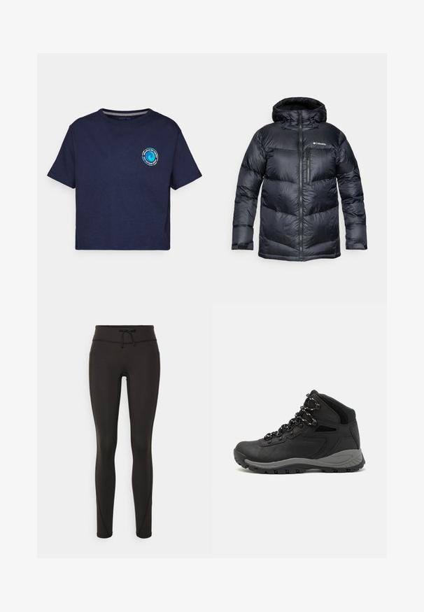 Melnā izolētā pūkaina jaka ar kapuci, ar rāvējslēdzēju priekšā, viegla materiāla, ar kviltētā dizaina horizontālām sekcijām.; Patagonia UNITY FITZ EASY CUT RESPONSIBILI-TEE - Apdrukāts T-krekls - new navy; Melnas legingi ar augstu jostasvietu, pievilkšanas auklu, gludu tekstūru un pieguļošu dizainu. Iekļautas šuvju detaļas gar sāniem.; Melni pārgājienu zābaki ar vidēju augstumu, ar teksturētu augšdaļu, pelēkiem akcentiem un izturīgu gumijas zoli ar saķeres izvirzījumiem.