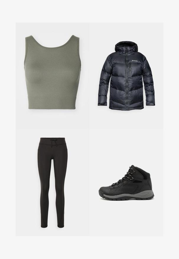 Sort isoleret pufferjakke med hætte, med lynlås foran, letvægtsmateriale og quiltet design med horisontale sektioner.; ONLY Play ONPJAIA LIFE SEAM SHORT - Top - kalamata; Sorte leggings med høj talje, snøre, glat tekstur og tætsiddende design. Har syningsdetaljer langs siderne.; Sort vandrestøvle med en mellem-højde design, der har en tekstureret overdel, grå detaljer og en holdbar gummisål med skridsikre klodser.