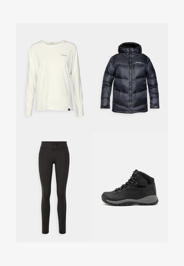 Mustad musta isoleeritud puffjakki kapuutsiga, millel on ees lukuga kinnitamine, kerge materjal ja tikitud disain horisontaalsete sektsioonidega.; Pika-särg, pikkade varrukatega, ümmarguse kaelusega, heleda puuvillase kangaga. Vasakul rinnal on sinine Patagonia logo ja särk on keha järgi kohandatud.; Mustad kõrge vöökohtadega mustad retuusid, paelaga, sileda tekstuuri ja sobiva disainiga. Külgedel on õmblusdetailid.; Mustarjaline matkasaabas, millel on keskmine disain, tekstuuriga ülemine osa, hallid aktsendid ja vastupidav kummist põhi, millel on haardelugesid.