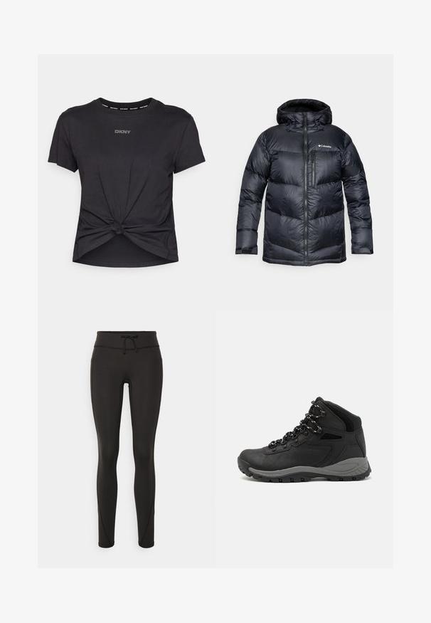 Juodas izoliuotas pūkinis džemperis su kapišonu, su užtrauktuku priekyje, lengvos medžiagos, siuvinėtas dizainas su horizontaliais skyrių.; Juoda trumpa rankovė marškinėliai iš medvilnės, su susietu dizainu apatinėje dalyje ir "DKNY" logotipu iš rhinestones per krūtinę.; Juodi leggingai su aukšta juosmeniu, raišteliu, lygiu paviršiumi ir prigludusia forma. Yra siuvimo detalės šonuose.; Juodas žygio botas su vidutinio aukščio dizainu, pasižymintis tekstūruota viršutine dalimi, pilkų akcentų ir patvaria guma padanga su sukibimo gumbais.