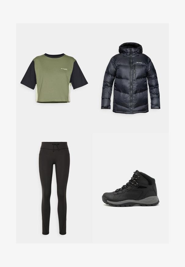 Sort isoleret pufferjakke med hætte, med lynlås foran, letvægtsmateriale og quiltet design med horisontale sektioner.; Kortærmet cropped t-shirt med grøn front, sorte ærmer og kontrasterende sidepaneler. Har et logo på brystet.; Sorte leggings med høj talje, snøre, glat tekstur og tætsiddende design. Har syningsdetaljer langs siderne.; Sort vandrestøvle med en mellem-højde design, der har en tekstureret overdel, grå detaljer og en holdbar gummisål med skridsikre klodser.