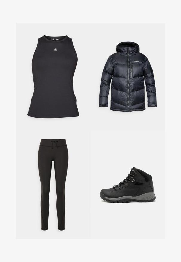 Melnā izolētā pūkaina jaka ar kapuci, ar rāvējslēdzēju priekšā, viegla materiāla, ar kviltētā dizaina horizontālām sekcijām.; Melnas ribota topa ar augstu kakla izgriezumu un bez piedurknēm. Iekļauj mazu logo uz krūtīm un pieguļošu siluetu.; Melnas legingi ar augstu jostasvietu, pievilkšanas auklu, gludu tekstūru un pieguļošu dizainu. Iekļautas šuvju detaļas gar sāniem.; Melni pārgājienu zābaki ar vidēju augstumu, ar teksturētu augšdaļu, pelēkiem akcentiem un izturīgu gumijas zoli ar saķeres izvirzījumiem.