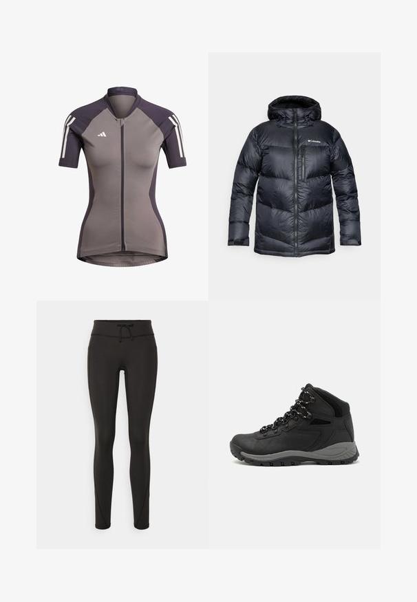 Czarna, ocieplana kurtka puchowa z kapturem, posiadająca zamek z przodu, lekkie materiały oraz pikowany wzór z poziomymi sekcjami.; Koszulka kolarska z krótkim rękawem w kolorze szarym z ciemnofioletowymi akcentami, z przodu zapinana na zamek, z białymi paskami na ramionach. Wykonana z elastycznego materiału.; Czarne legginsy z wysokim stanem, sznurkiem do regulacji, gładką teksturą i dopasowanym krojem. Posiadają detale w postaci przeszyć po bokach.; Czarne buty trekkingowe z średnim cholewem, z teksturowaną cholewą, szarymi akcentami oraz trwałą gumową podeszwą z wypustkami zapewniającymi przyczepność.