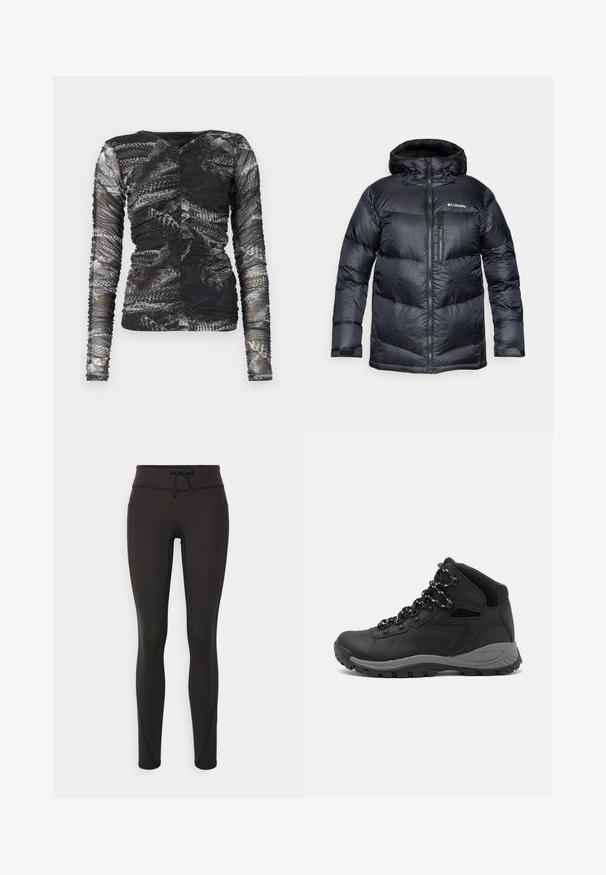 Sort isoleret pufferjakke med hætte, med lynlås foran, letvægtsmateriale og quiltet design med horisontale sektioner.; Langærmet top med et sort og gråt slangeskindsprint; lavet af et tekstureret, strækbart materiale med samlinger på siderne.; Sorte leggings med høj talje, snøre, glat tekstur og tætsiddende design. Har syningsdetaljer langs siderne.; Sort vandrestøvle med en mellem-højde design, der har en tekstureret overdel, grå detaljer og en holdbar gummisål med skridsikre klodser.