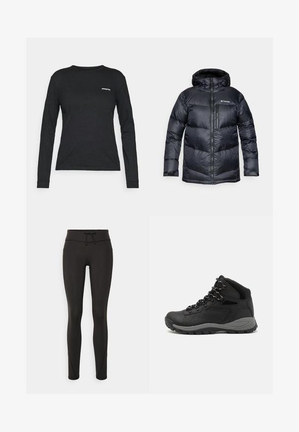 Fekete, kapucnis, szigetelt puffermellény, elülső cipzárral, könnyű anyagból készült, steppelt dizájnnal, vízszintes szakaszokkal.; Fekete, hosszú ujjú pamut póló, kerek nyakkivágással és egy kis fehér logóval a bal mellen. Sima textúra, testhezálló fazon.; Fekete leggings magas derékkal, zsinórral, sima textúrával és testhezálló kialakítással. Oldalt varrási részletekkel rendelkezik.; Fekete túracipő közepes magasságú kialakítással, texturált felsőrésszel, szürke részletekkel és strapabíró gumitalppal, amelynek tapadós kiemelkedései vannak.