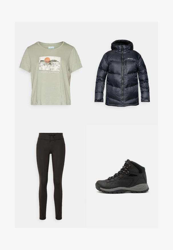 Černá zateplená bunda s kapucí, s předním zipem, vyrobená z lehkého materiálu a s prošívaným designem s horizontálními sekcemi.; Světle zelené tričko s krátkým rukávem se vzorem grafiky západu slunce a hor, s textem "Columbia Sportswear" na spodní části.; Černé legíny s vysokým pasem, šnůrkou, hladkým povrchem a přiléhavým střihem. Obsahují švy podél stran.; Černé turistické boty s mírně vyšším střihem, které mají texturovaný svršek, šedé detaily a odolnou gumovou podrážku s trakčními výstupky.