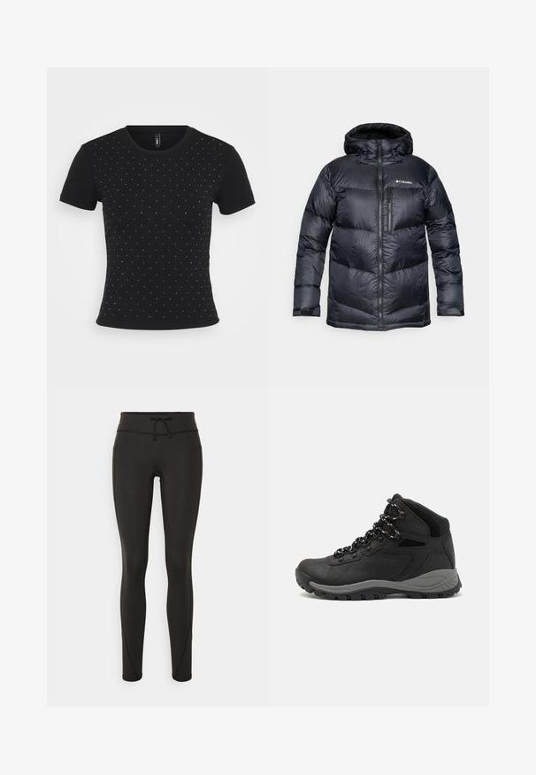 Čierna zateplená puffer bunda s kapucňou, so zipsom vpredu, vyrobená z ľahkého materiálu, s prešívaným dizajnom a horizontálnymi sekciami.; Čierne tričko s krátkym rukávom vyrobené z rebrovanej tkaniny, s posypanými kamienkami na prednej strane pre pridanie detailu.; Čierne legíny s vysokým pásom, so šnúrkou na stiahnutie, hladkou textúrou a priliehavým strihom. Obsahujú švy po stranách.; Čierna turistická obuv s polovičným strihom, s textúrovaným zvrškom, šedými akcentmi a odolnou gumovou podrážkou s protišmykovými hrebienkami.