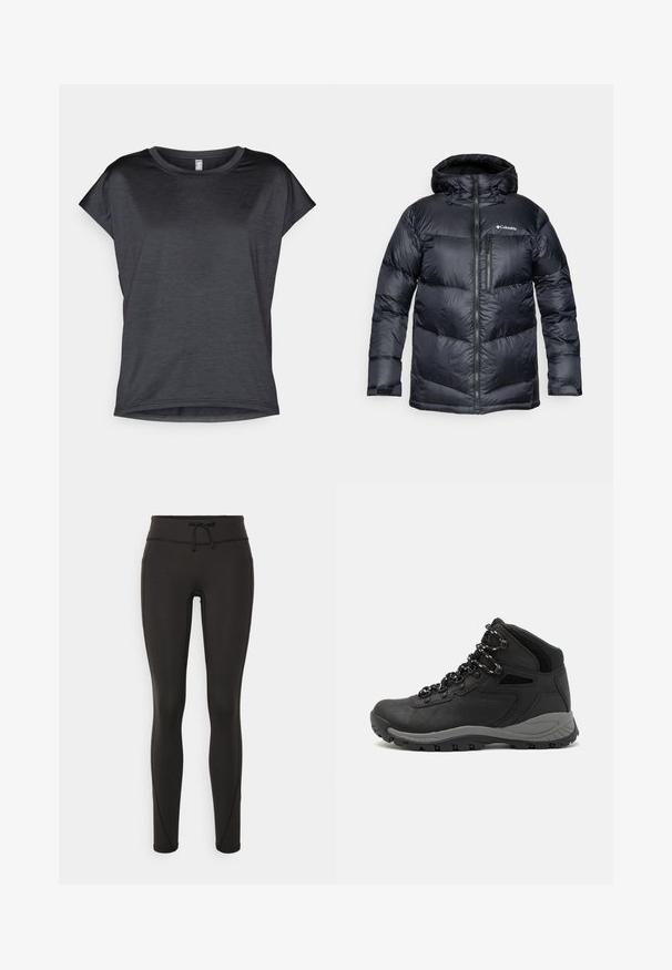 Casaco puffer isolado preto com capuz, apresentando um fecho de correr na frente, material leve e design acolchoado com secções horizontais.; T-shirt de manga curta, cinza escuro, com decote redondo, feito de um tecido leve, apresentando uma textura suave e um corte relaxado.; Leggings pretos com uma cintura alta, cordão, textura suave e design ajustado. Apresentam detalhes de costura ao longo das laterais.; Bota de caminhada preta com design de cano médio, apresentando um upper texturizado, detalhes cinzentos e sola de borracha durável com cravos de tração.