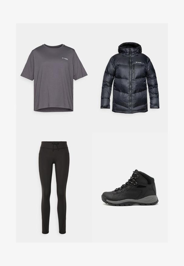 Svart isolert pufferjakke med hette, med glidelås foran, lett materiale og kviltet design med horisontale seksjoner.; Grå T-skjorte med korte ermer laget av glatt stoff. Har rund hals og en liten logo trykket på brystet.; Svarte leggings med høy midje, snøring, glatt tekstur og tettsittende design. Har søm detaljer langs sidene.; Sorte turstøvler med mid-topp design, som har en teksturert overdel, grå detaljer og slitesterk gummisåle med godt grep.