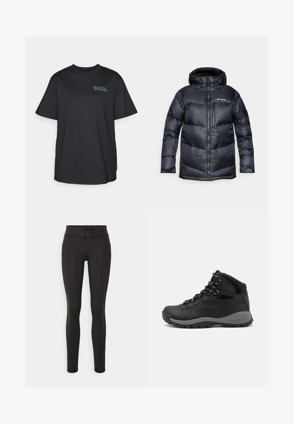 Melnā izolētā pūkaina jaka ar kapuci, ar rāvējslēdzēju priekšā, viegla materiāla, ar kviltētā dizaina horizontālām sekcijām.; Melns kokvilnas T-krekls ar īsām piedurknēm, apaļu kakla izgriezumu, ar pelēku logotipa druku kreisajā augšējā stūrī un mazu Zviedrijas karoga akcentu.; Melnas legingi ar augstu jostasvietu, pievilkšanas auklu, gludu tekstūru un pieguļošu dizainu. Iekļautas šuvju detaļas gar sāniem.; Melni pārgājienu zābaki ar vidēju augstumu, ar teksturētu augšdaļu, pelēkiem akcentiem un izturīgu gumijas zoli ar saķeres izvirzījumiem.