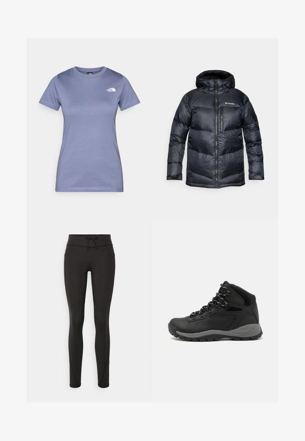 Schwarz isolierte Steppjacke mit Kapuze, verfügt über einen Reißverschluss vorne, leichtes Material und ein gestepptes Design mit horizontalen Abschnitten.; Hellblaues kurzärmliges T-Shirt aus Baumwolle mit rundem Ausschnitt und kleinem weißen Logo auf der Brust. Schmusetextur.; Schwarze Leggings mit hohem Bund, Kordelzug, glatter Textur und tailliertem Design. Verfügt über Nähte entlang der Seiten.; Schwarzer Wanderstiefel mit einem mittelhohen Design, ausgestattet mit einer strukturierten Oberfläche, grauen Akzenten und einer robusten Gummisohle mit Profilstollen.