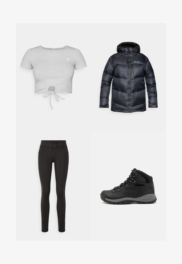 Juodas izoliuotas pūkinis džemperis su kapišonu, su užtrauktuku priekyje, lengvos medžiagos, siuvinėtas dizainas su horizontaliais skyrių.; Pilkos banguotos trumpinčių marškinėliai su trumpomis rankovėmis, turintys raištelį apačioje ir mažą trikampį logotipą kairėje krūtinės pusėje.; Juodi leggingai su aukšta juosmeniu, raišteliu, lygiu paviršiumi ir prigludusia forma. Yra siuvimo detalės šonuose.; Juodas žygio botas su vidutinio aukščio dizainu, pasižymintis tekstūruota viršutine dalimi, pilkų akcentų ir patvaria guma padanga su sukibimo gumbais.