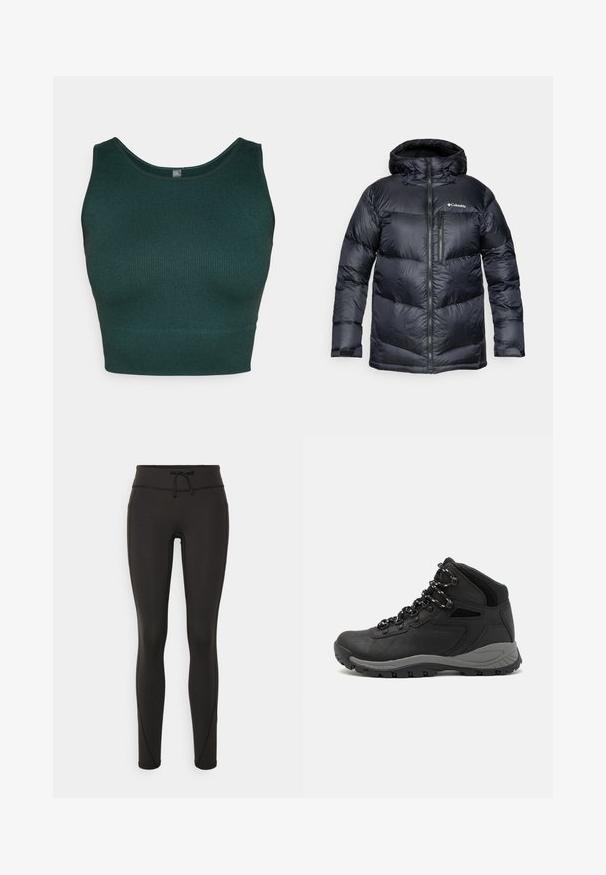 Jachetă puffer izolată de culoare neagră, cu glugă, având un sistem de închidere cu fermoar, material ușor și un design matlasat cu secțiuni orizontale.; Top scurt ribbed de culoare verde închis, cu decolteu rotund și bretele late, realizat dintr-un material tricotat texturat.; Leggings negre cu talie înaltă, șnur, textură netedă și design ajustat. Prezintă detalii de cusături de-a lungul laturilor.; Botă de drumeție neagră cu un design mediu, având un material texturat, accente gri și o talpă din cauciuc durabilă cu crampoane pentru aderență.