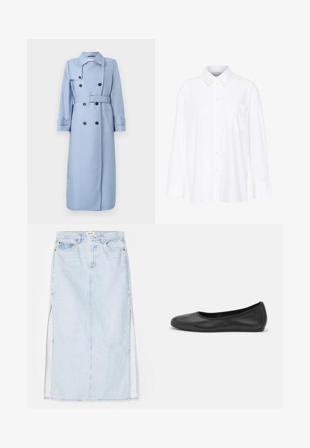 Lange lichtblauwe dubbelgeknoopte trenchcoat met zwarte knopen, riem op de taille en kraag, tentoongesteld op een witte achtergrond.; Witte lange mouwen overhemd met kraag van katoen. Voorzien van een knoopsluiting aan de voorkant en een enkele borstzak. Een gladde textuur en een ontspannen pasvorm.; Lichtblauwe denim maxi rok met een rechte snit, voorzien van zijsplits en een ontwerp met vijf zakken. Opvallende stiksels en metalen knoopsluiting.; Zwarte leren ballerina met een ronde neus, gladde textuur, minimale stikdetails en een flexibele zoolontwerp.